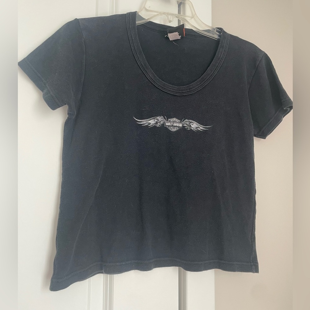 Vintage Harley Davidson Winged Logo Black Baby Tee Size XL